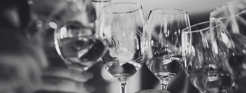 black and white image of wine glasses
